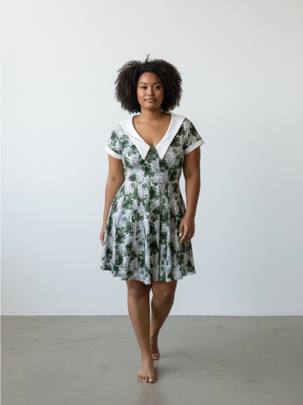 Hearts and Roses Green Pattern V-Neck Fit & Flare Mini Dress with White Collar